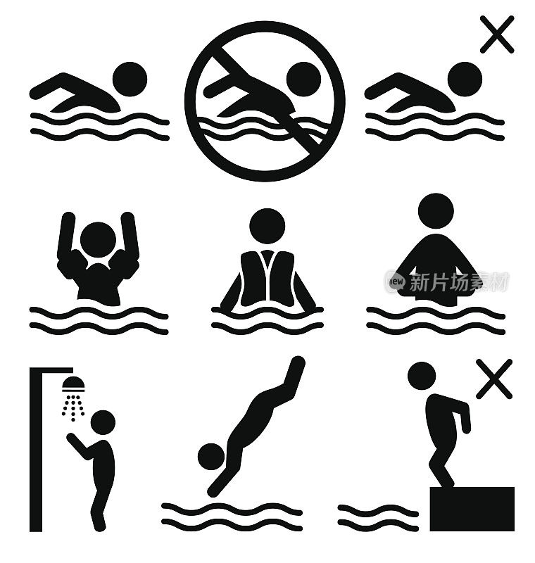 Set of summer swim water information flat people象形图标